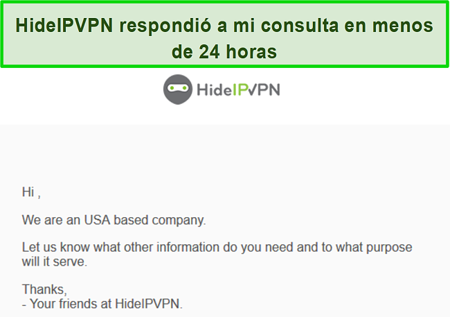 Captura de pantalla del soporte por correo electrónico de HideIPVPN.