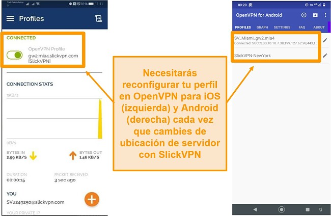 Captura de pantalla de SlickVPN que necesita configuración manual cada vez que cambia la ubicación del servidor en un dispositivo móvil