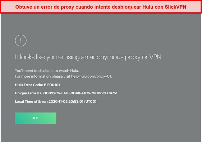 Captura de pantalla de SlickVPN siendo bloqueada por Hulu