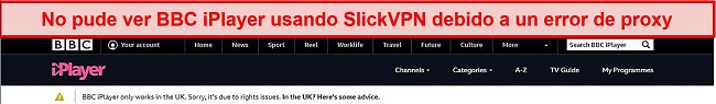  Captura de pantalla de SlickVPN siendo bloqueada por BBC iPlayer