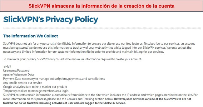 Captura de pantalla de la política de privacidad de SlickVPN