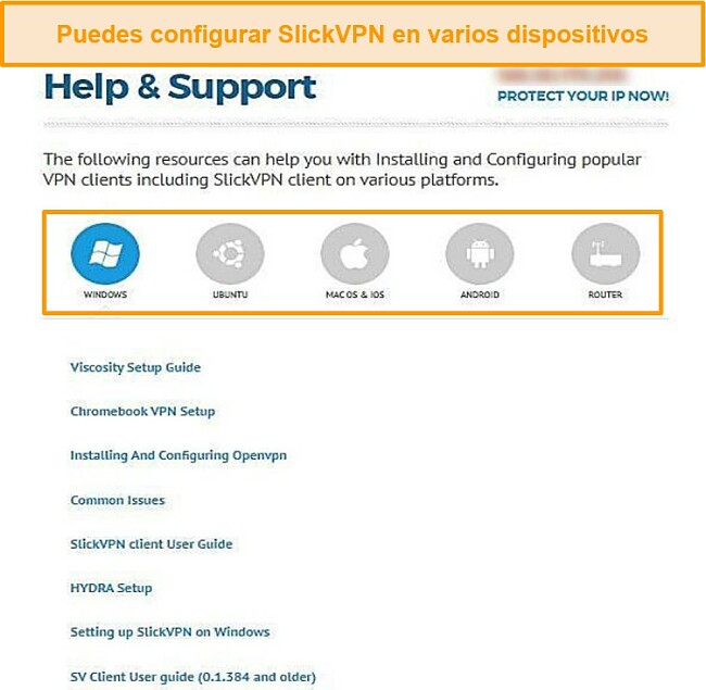  Captura de pantalla de la guía de soporte de SlickVPN