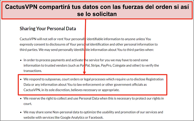 Captura de pantalla de la política de privacidad de CactusVPN que muestra que entregarán sus datos