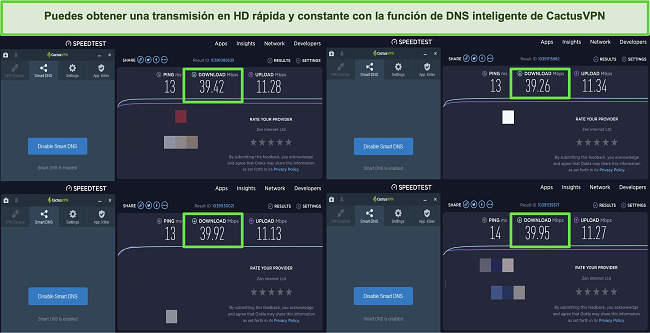 Captura de pantalla de 4 pruebas de velocidad mientras está conectado a los servidores DNS inteligentes de CactusVPN