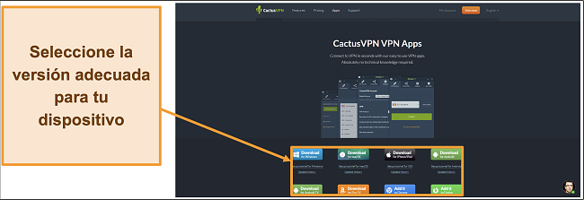 Captura de pantalla que muestra dónde descargar la versión de CactusVPN que desea de su sitio web