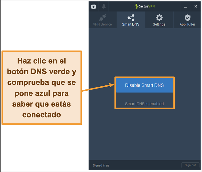 Captura de pantalla de la interfaz CactusVPN que muestra cómo habilitar el DNS inteligente