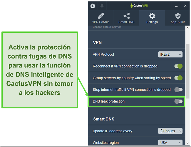 Captura de pantalla que muestra cómo habilitar la protección contra fugas de DNS