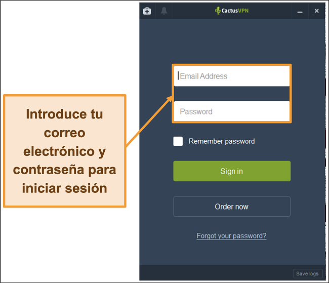 Captura de pantalla que muestra la pantalla de inicio de sesión en el cliente CactusVPN