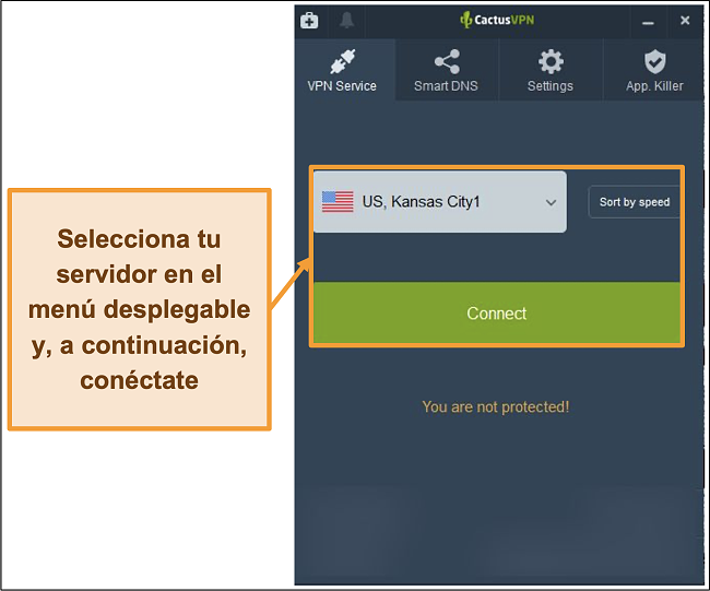 Captura de pantalla de la interfaz de CactusVPN que muestra el menú desplegable de selección de servidor