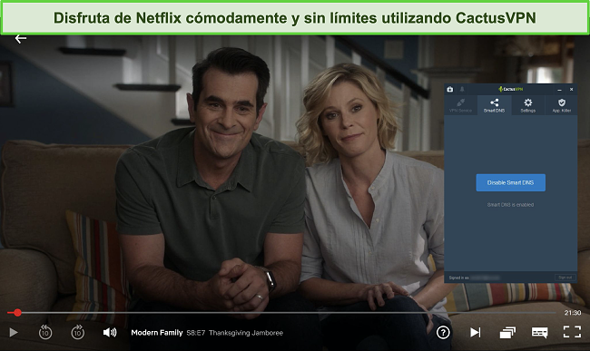 Captura de pantalla de Modern Family transmitiendo con éxito en Netflix con CactusVPN conectado