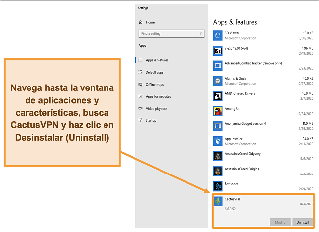 Captura de pantalla que muestra cómo iniciar el proceso de desinstalación de CactusVPN desde el menú Aplicaciones y características