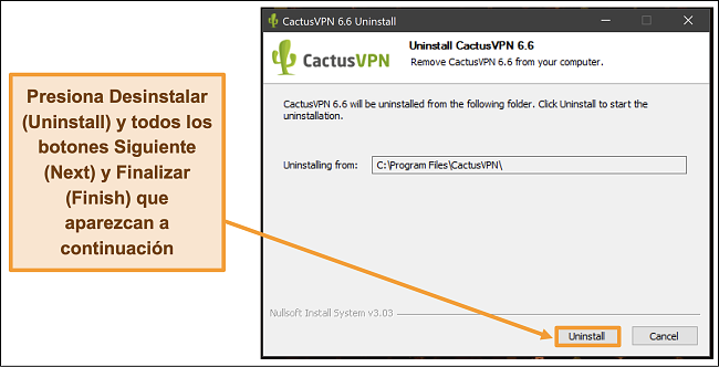Captura de pantalla que muestra cómo terminar de desinstalar CactusVPN desde el asistente de desinstalación