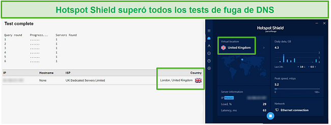 Captura de pantalla de Hotspot Shield pasando una prueba de DNS mientras está conectado a un servidor del Reino Unido.