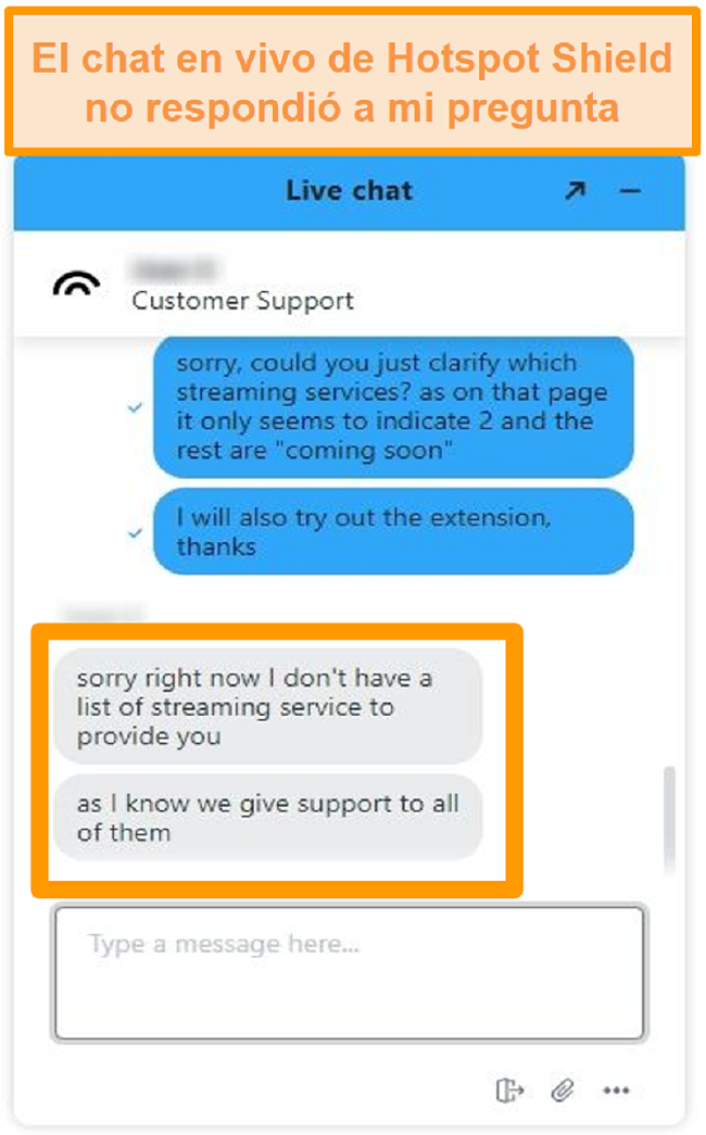 Captura de pantalla de un agente de chat en vivo de Hotspot Shield que no puede responder mi pregunta