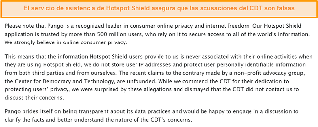 Captura de pantalla de la respuesta por correo electrónico de Hotspot Shield cuando se le preguntó sobre el incidente de 2017 que involucró al CDT que presentó una queja ante la FTC sobre las prácticas de recopilación de datos de Hotspot Shield.