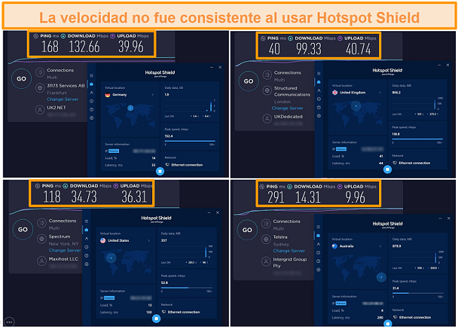 Captura de pantalla de las pruebas de velocidad de Hotspot Shield de Alemania, Reino Unido, EE. UU. Y Australia
