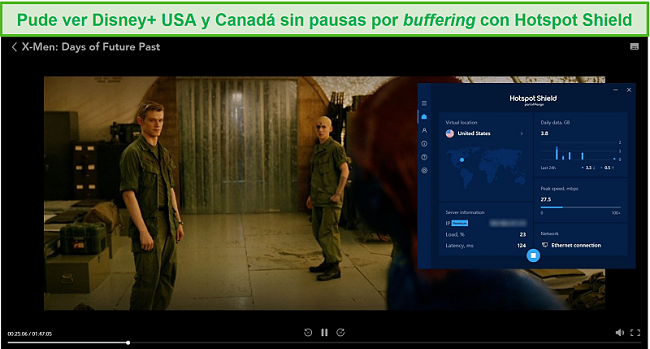 Captura de pantalla de Hotspot Shield desbloqueando Disney + y transmitiendo X-Men: Days of Future Past.