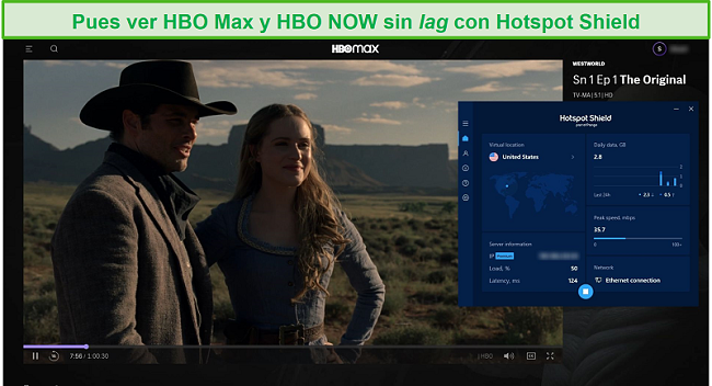 Captura de pantalla de Hotspot Shield desbloqueando Westworld en HBO Max.