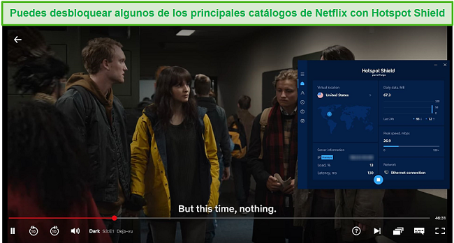 Captura de pantalla de Hotspot Shield que desbloquea Netflix y transmite Dark.