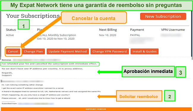 Captura de pantalla del proceso de reembolso de My Expat Network