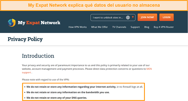 Captura de pantalla de la política de privacidad de My Expat Network
