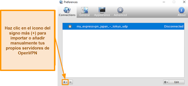 Captura de pantalla de la aplicación Viscosity que muestra cómo agregar servidores OpenVPN