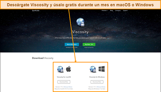 Captura de pantalla de la página de descarga de Viscosity del sitio web de Viscosity