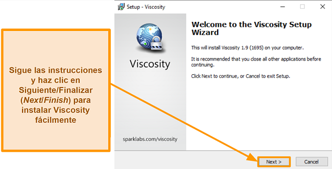 Captura de pantalla del asistente de configuración de Viscosity para instalar la aplicación