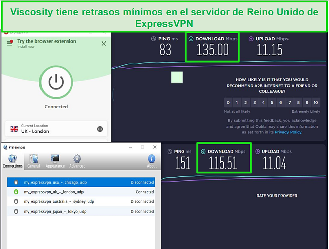 Captura de pantalla de los resultados de la prueba de velocidad mientras está conectado a los servidores de Express VPN en el Reino Unido a través de Viscosity y ExpressVPN