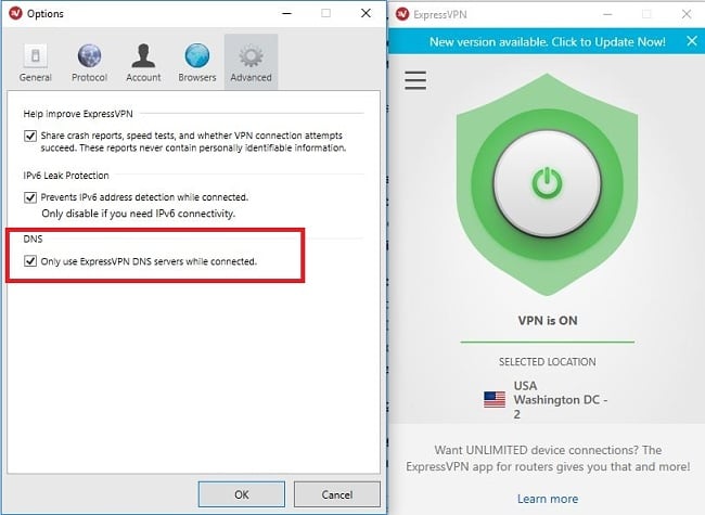 Capture d'écran du paramétrage des serveurs DNS ExpressVPN