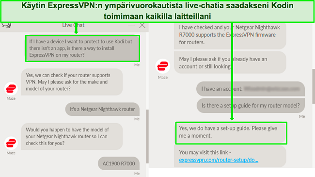 Kuvakaappaus vaihdosta ExpressVPN:n live-chat-tuen kanssa ExpressVPN:n käyttämisestä reitittimessä Kodin kanssa