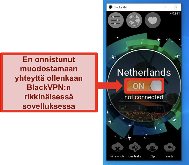 Näyttökuva BlackVPN: n Windows-asiakasohjelmasta ei muodosta yhteyttä huolimatta siitä, että se on kytketty päälle