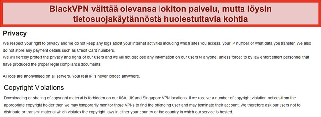 Näyttökuva BlackVPN: n käyttöehtojen tietosuoja- ja tekijänoikeusloukkauksista