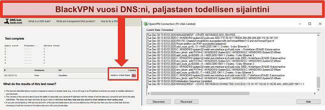 Näyttökuva epäonnistuneesta DNS-vuototestistä, kun BlackVPN on kytketty palvelimeen Yhdysvalloissa