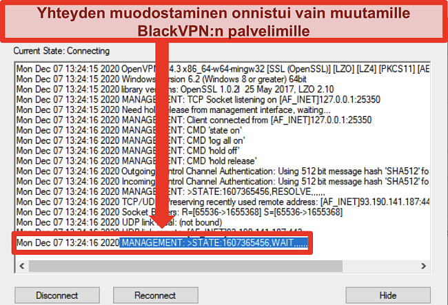 Näyttökuva BlackVPN: stä, joka yrittää muodostaa yhteyden palvelimeen OpenVPN-asiakasohjelman kautta