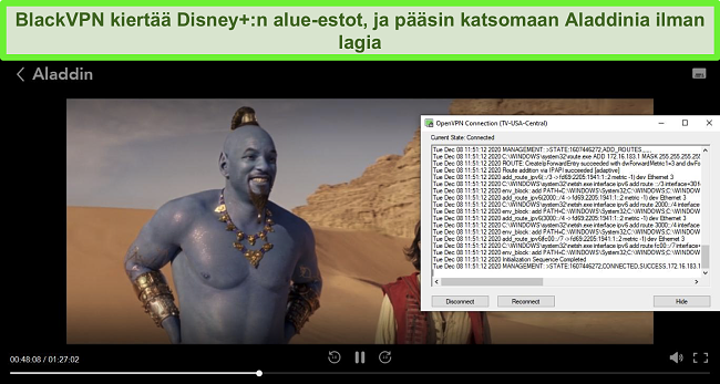 Näyttökuva Aladdinista Disney + -palvelussa, kun BlackVPN on kytketty Yhdysvaltain keskuspuolen suoratoistopalvelimeen OpenVPN-asiakkaan kautta