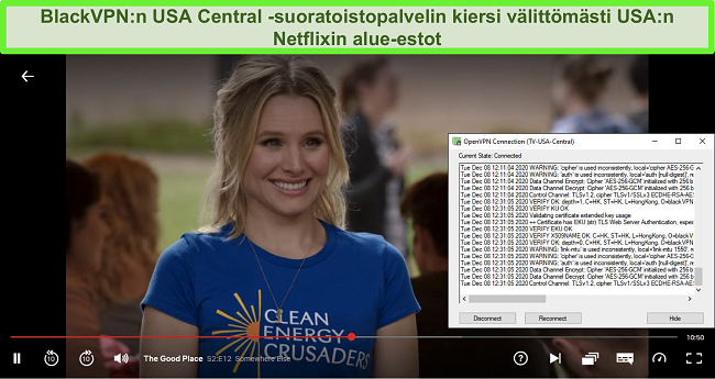 Näyttökuva The Good Place -sovelluksesta Netflixissä, kun BlackVPN on kytketty Yhdysvaltain keskuspankkipalvelimeen OpenVPN-asiakasohjelman kautta