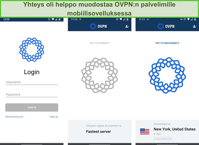 Näyttökuva OVPN: n kirjautumisprosessista mobiililaitteella