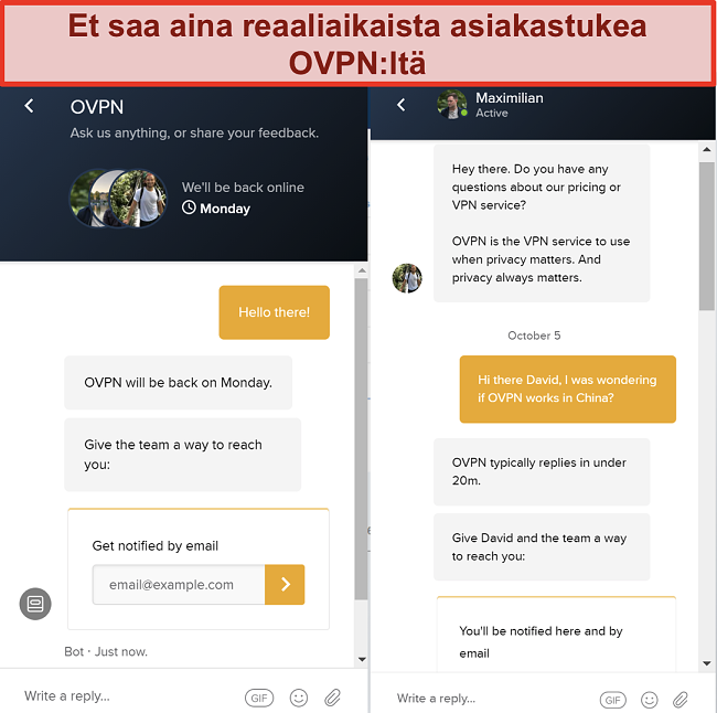 Näyttökuva OVPN: n rajoitetusta live-chat-tuesta