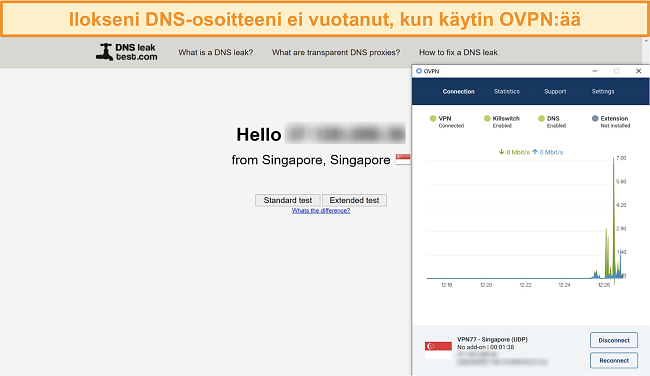 Näyttökuva OVPN: stä, joka läpäisee DNS-vuototestin