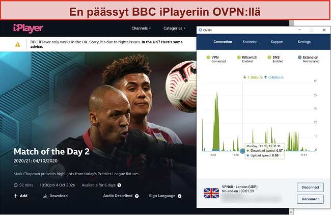 Näyttökuva BBC iPlayerin estämästä OVPN: n