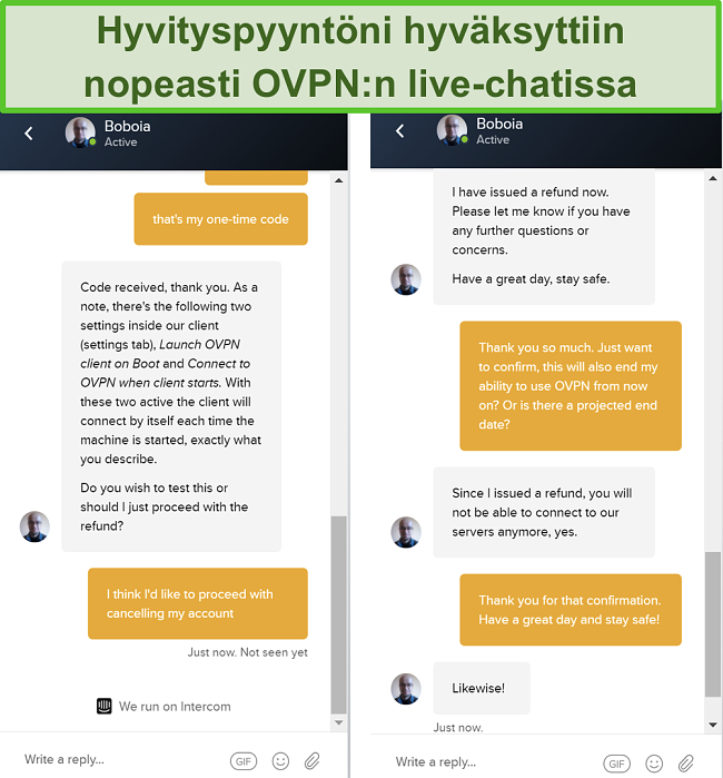 Näyttökuva onnistuneesta hyvityspyynnöstä OVPN: n live-chatin kautta