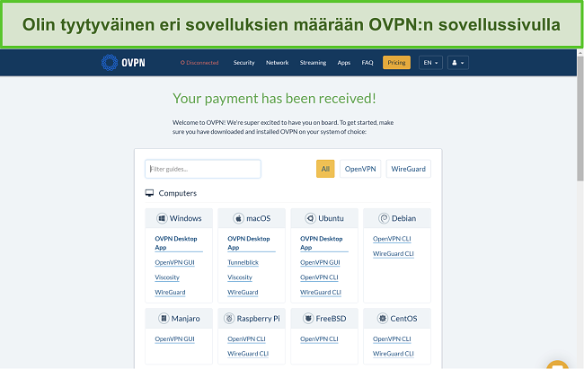 Näyttökuva OVPN: n sovellusvaihtoehdoista