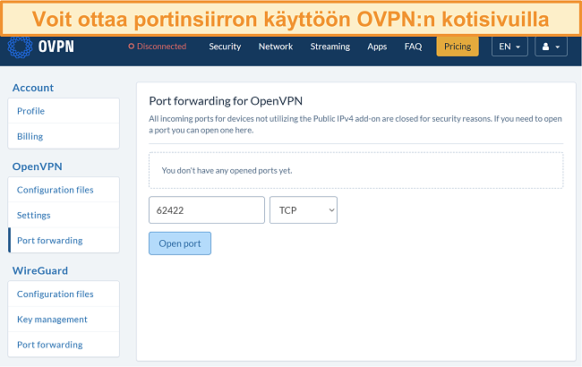 Näyttökuva portin edelleenlähetysvaihtoehdosta OVPN: ssä