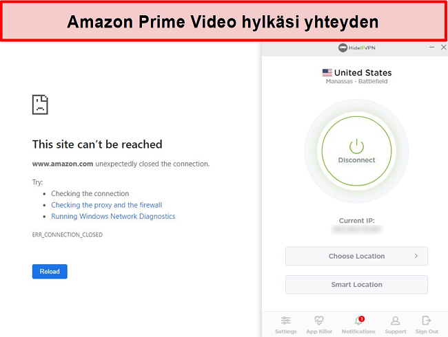 Näyttökuva Amazon Prime Video -palvelusta, joka hylkää HideIPVPN-yhteyden.