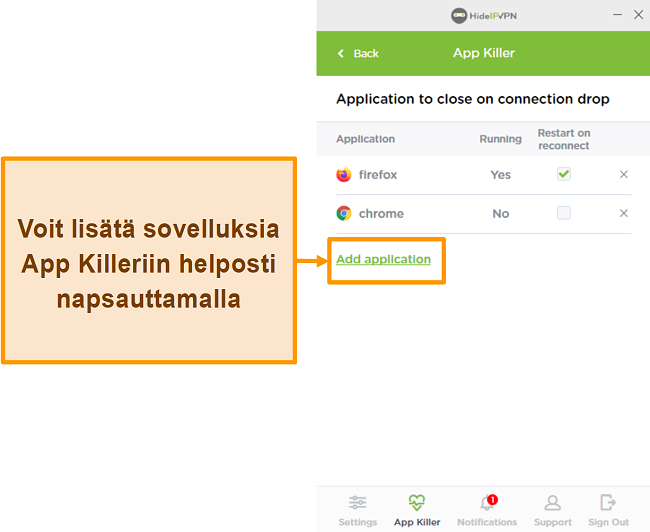 Näyttökuva HideIPVPN Application Killeristä.