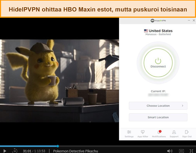 Näyttökuva HideIPVPN: n vapauttamisesta HBO Maxista, suoratoisto Pokemon Detective Pikachu.