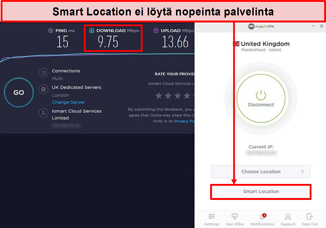 Näyttökuva nopeustestistä Smart Location -toiminnon avulla.