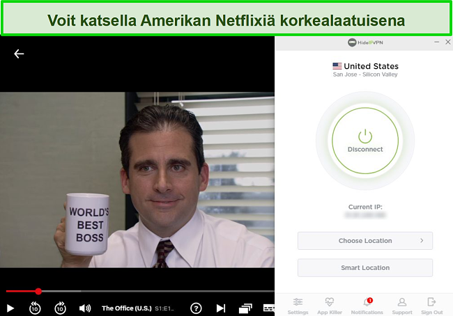 Näyttökuva HideIPVPN: n estosta, jolla estetään Yhdysvaltain Netflix, suoratoistetaan The Office (USA).