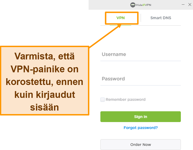 Näyttökuva HideIPVPN-kirjautumisnäytöstä työpöydälle.